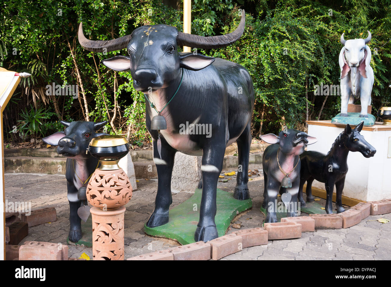 Cute Buffalo sculptures, Chinese zodiac animal sculptures at Wat Saket, Thai Temple, Thailand. Stock Photo