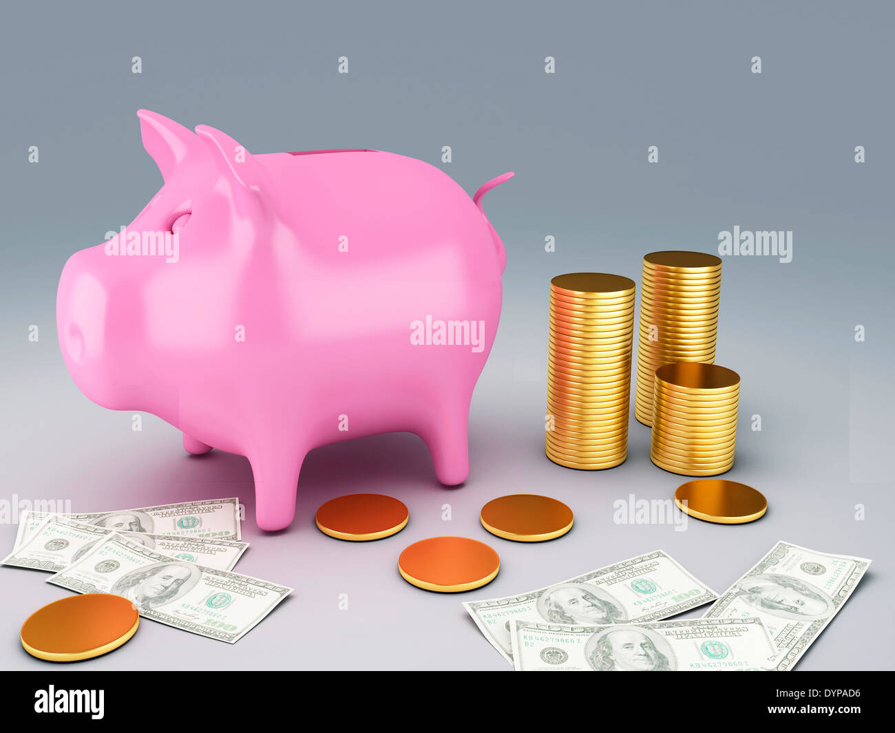 image of Piggy Bank with dollar bills and gold coins 3d illustration ...