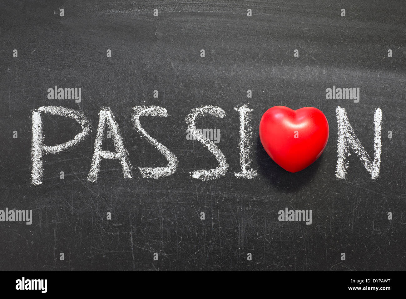 passion word handwritten on chalkboard with heart symbol instead of O Stock Photo