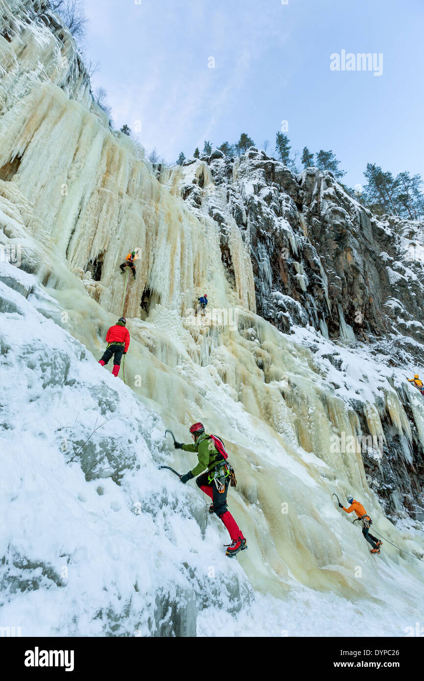 A combination of three photos of ice climbing at Korouoma valley, Posio, Finland, EU Stock Photo