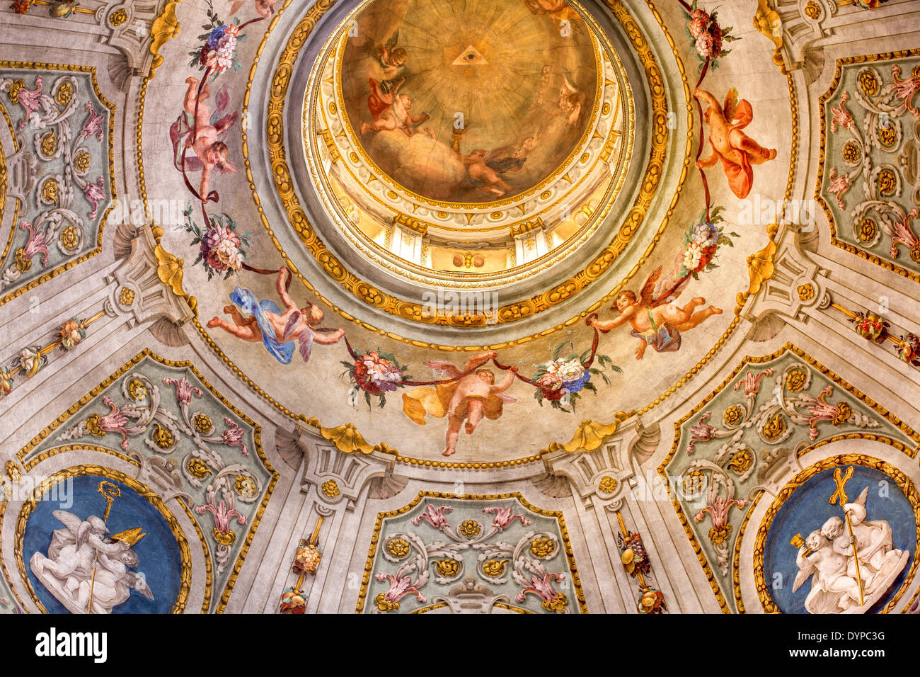 Ceiling paintings at a church in Finale Ligure, Italy, EU Stock Photo
