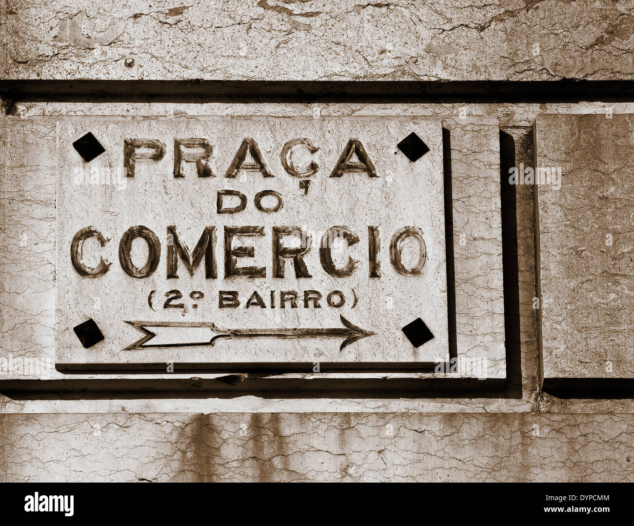 Stone sign in Praca do Comercio riverfront square rebuilt after the 1755 earthquake Lisbon Portugal western Europe Stock Photo