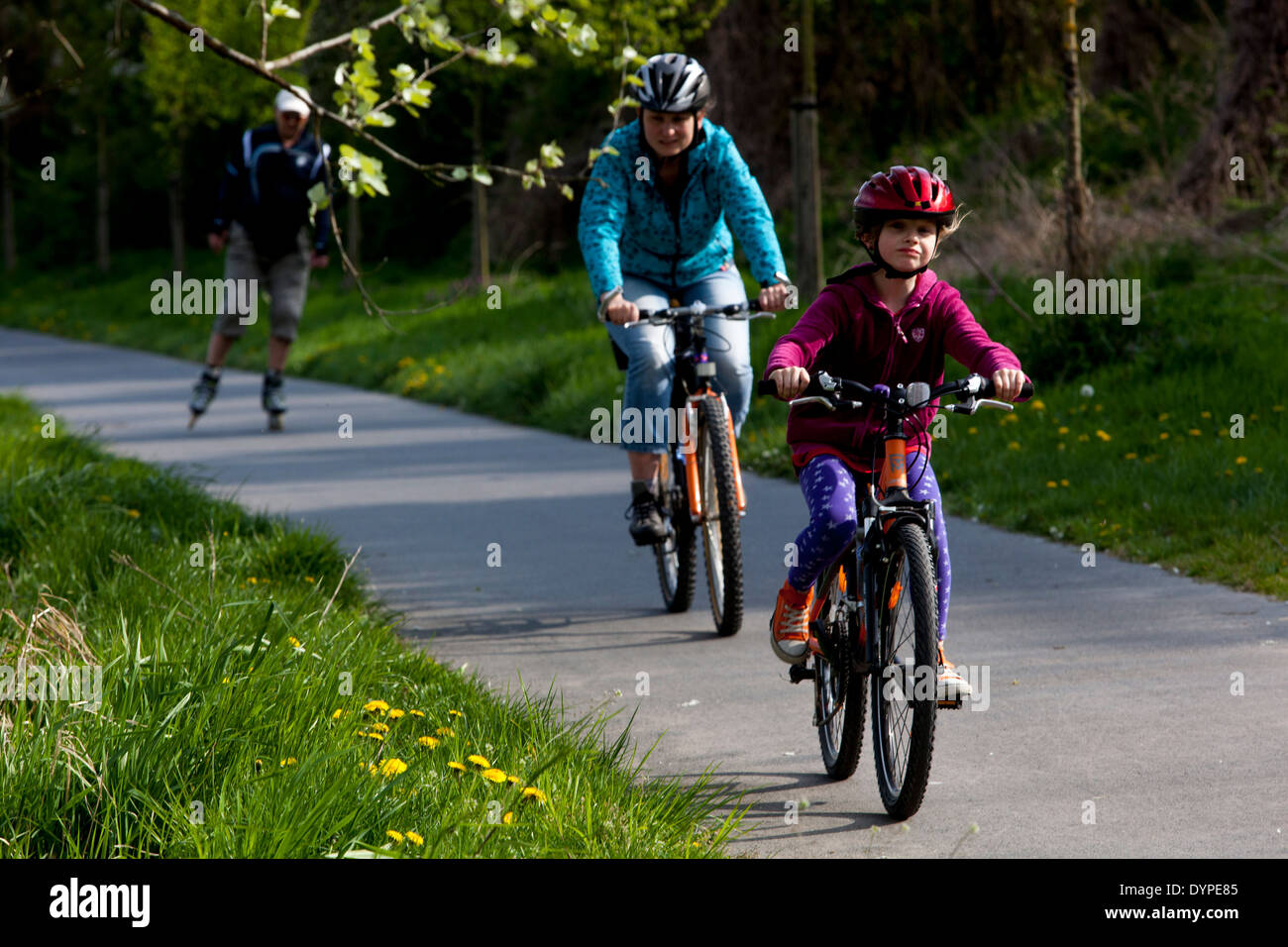 Family on bicycle path, healthy lifestyle Child ride bike Stock Photo