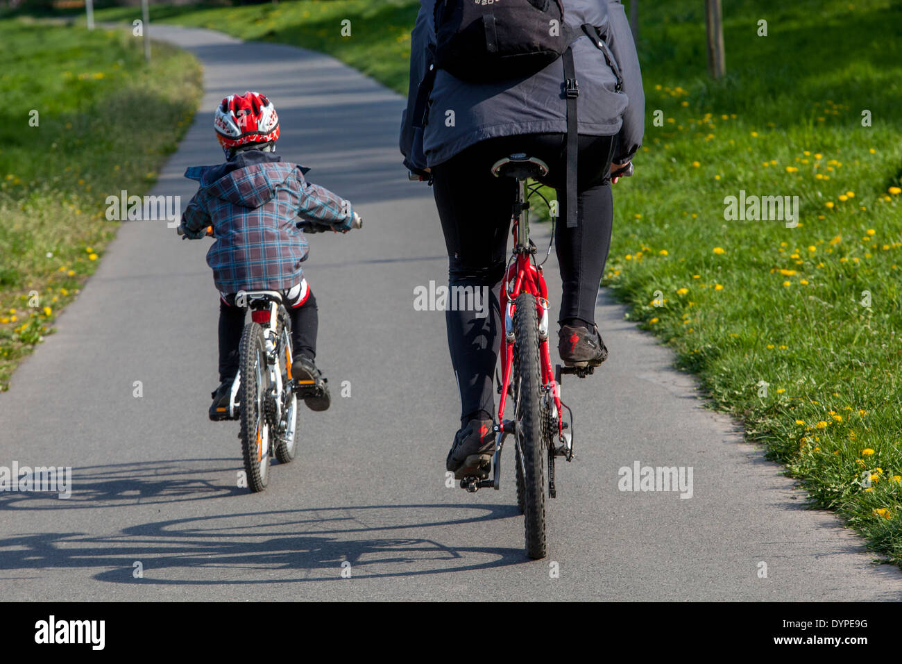 Bicycle path child on bicycle ride a bike rear view Child riding bike with helmet Stock Photo