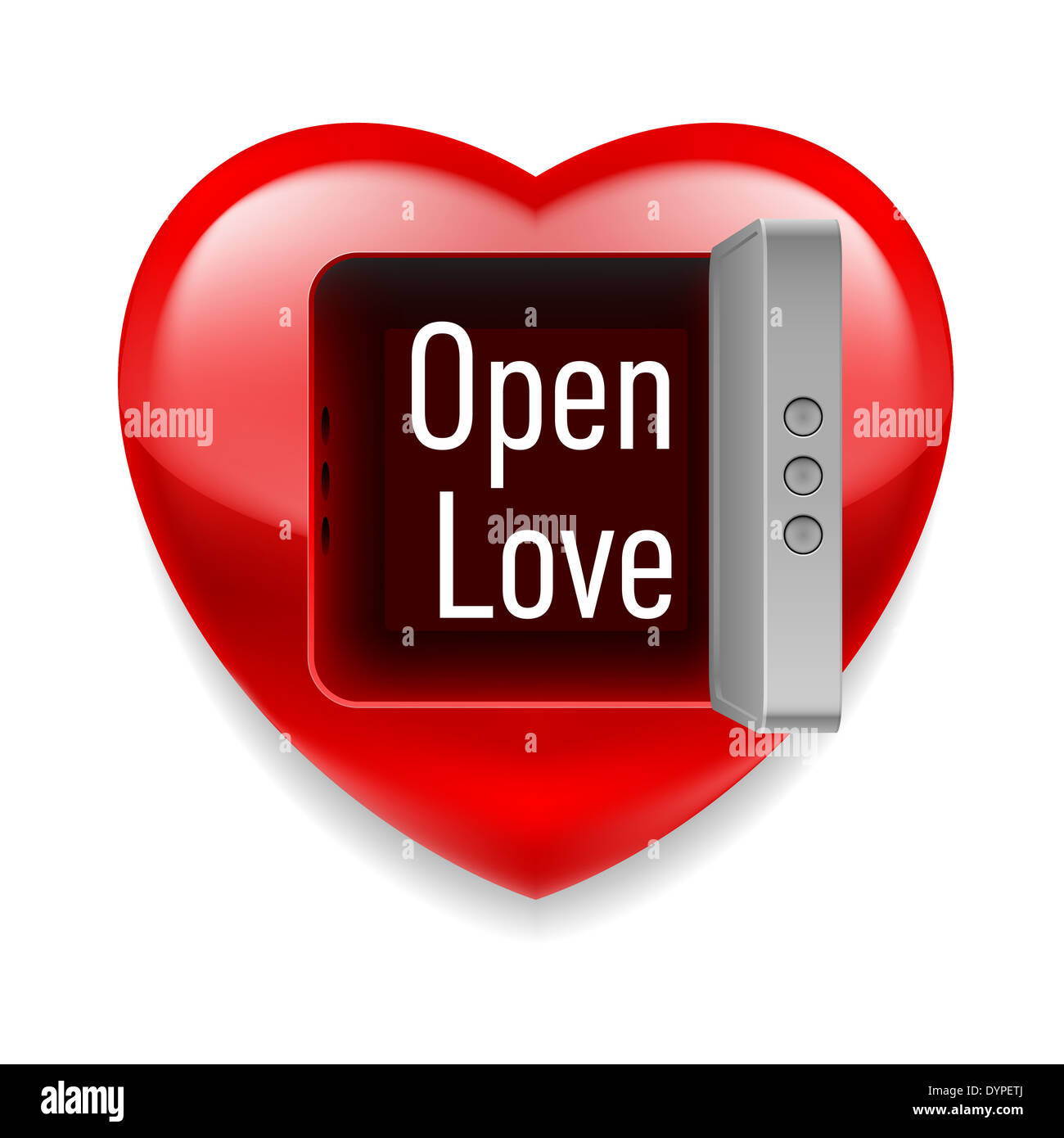 Shiny red heart with open vault door and Open Love text inside Stock ...