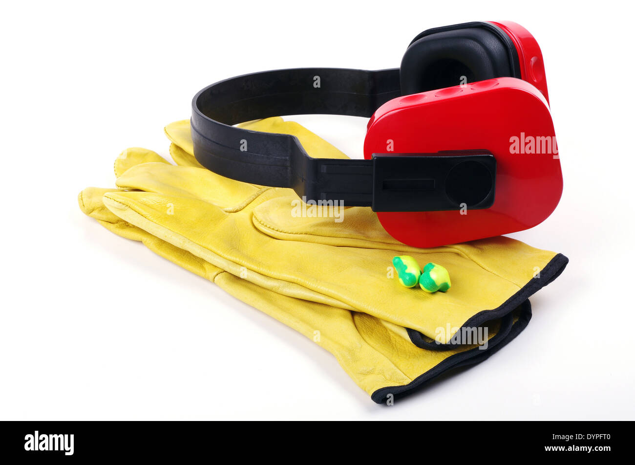 work gloves and ear plugs Stock Photo