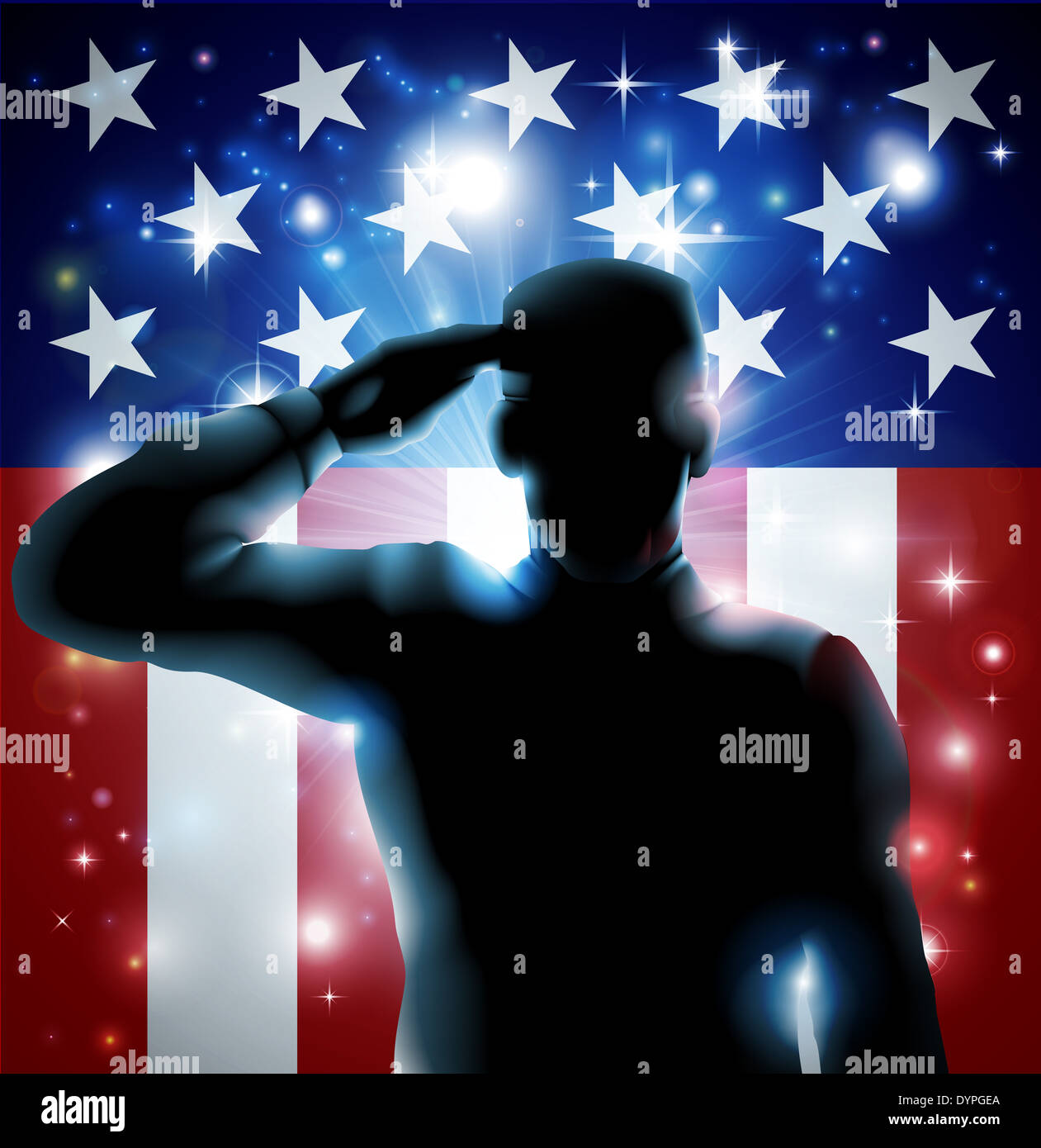 Patriotic soldier or veteran saluting in front of an American flag ...