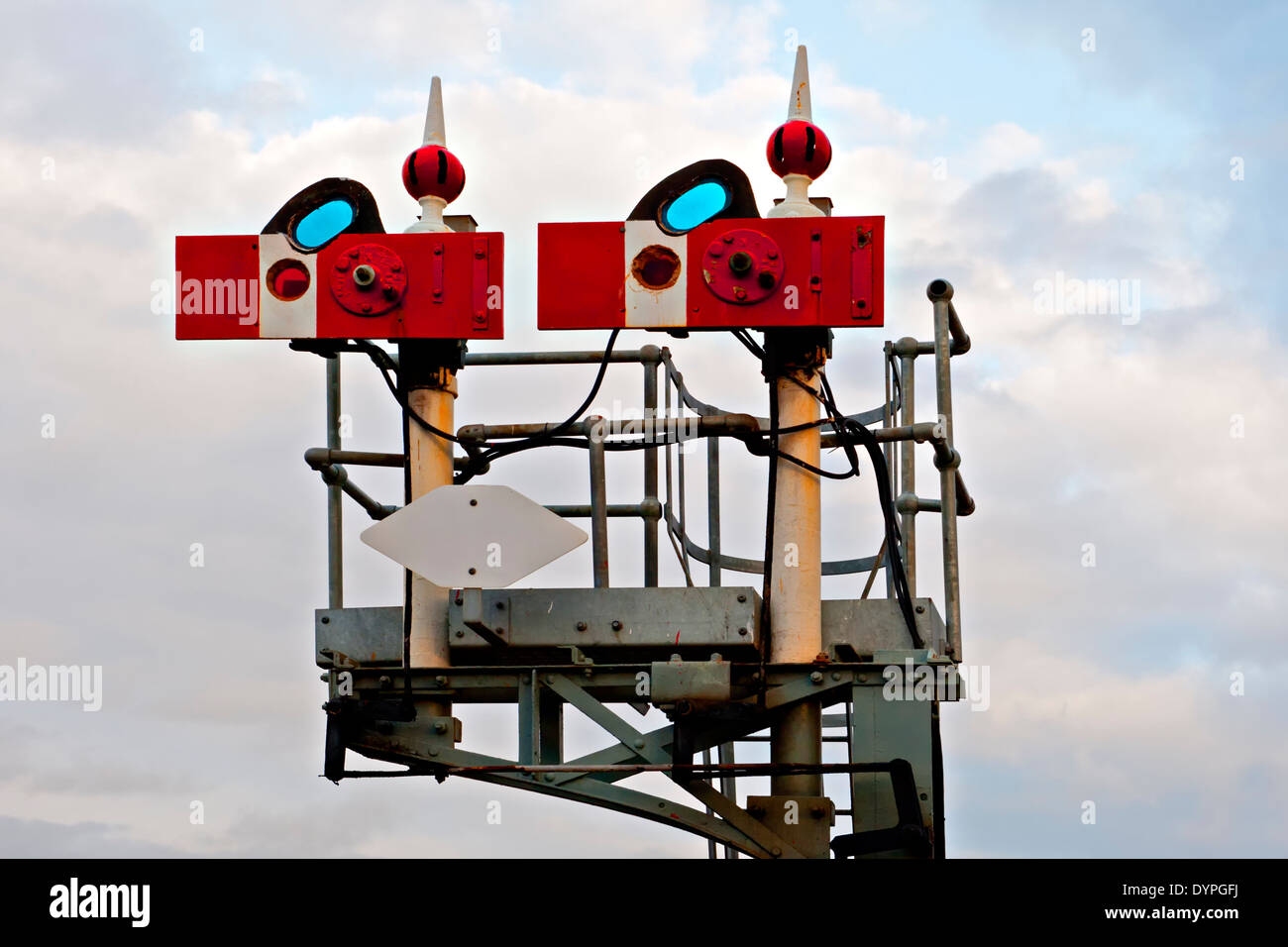 The platform starter signals at Shrewsbury Station. The signal arms are