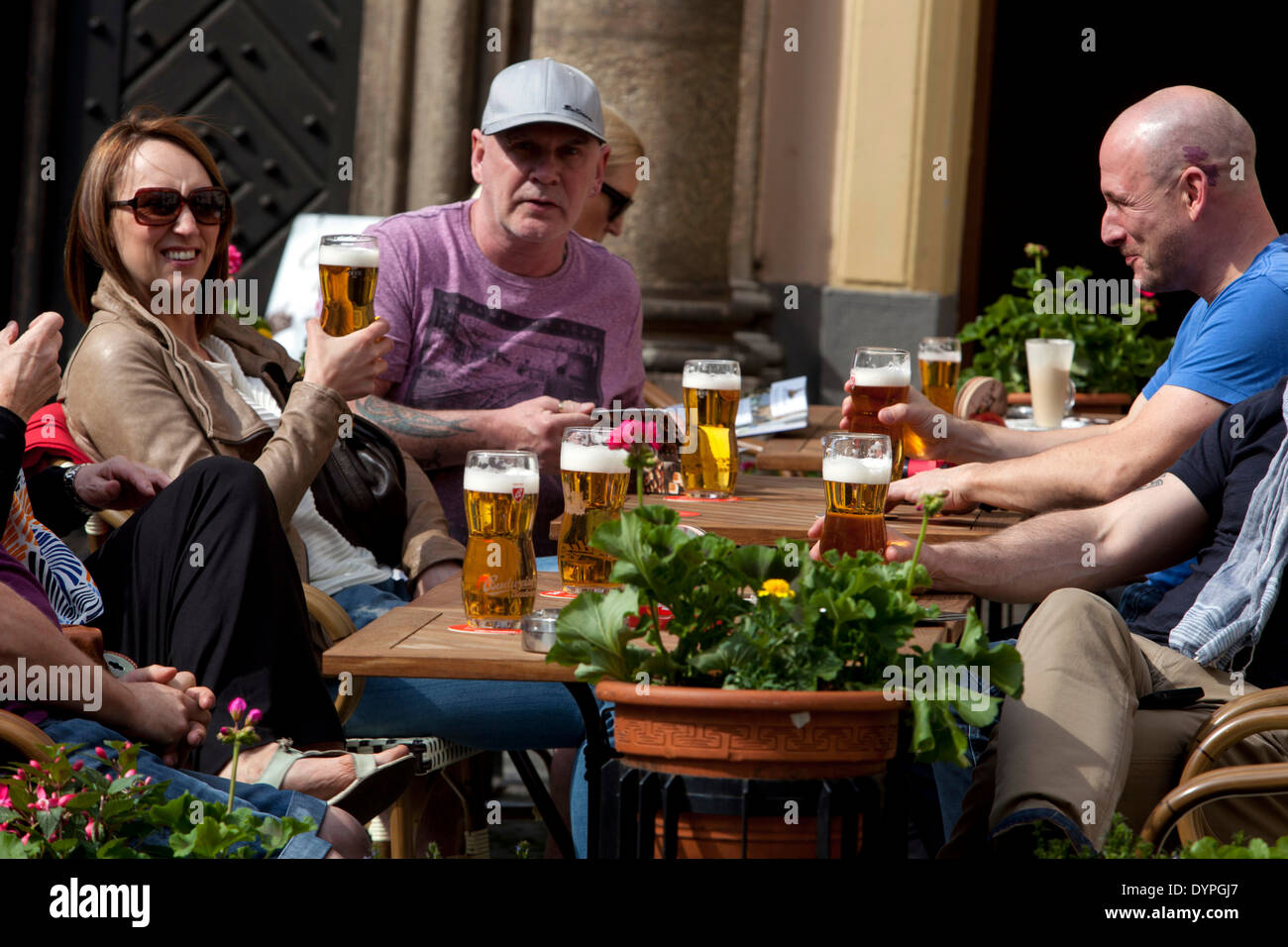 Prague tourists drinking beer, Prague bar restaurant People Old Town, Czech Republic Stock Photo