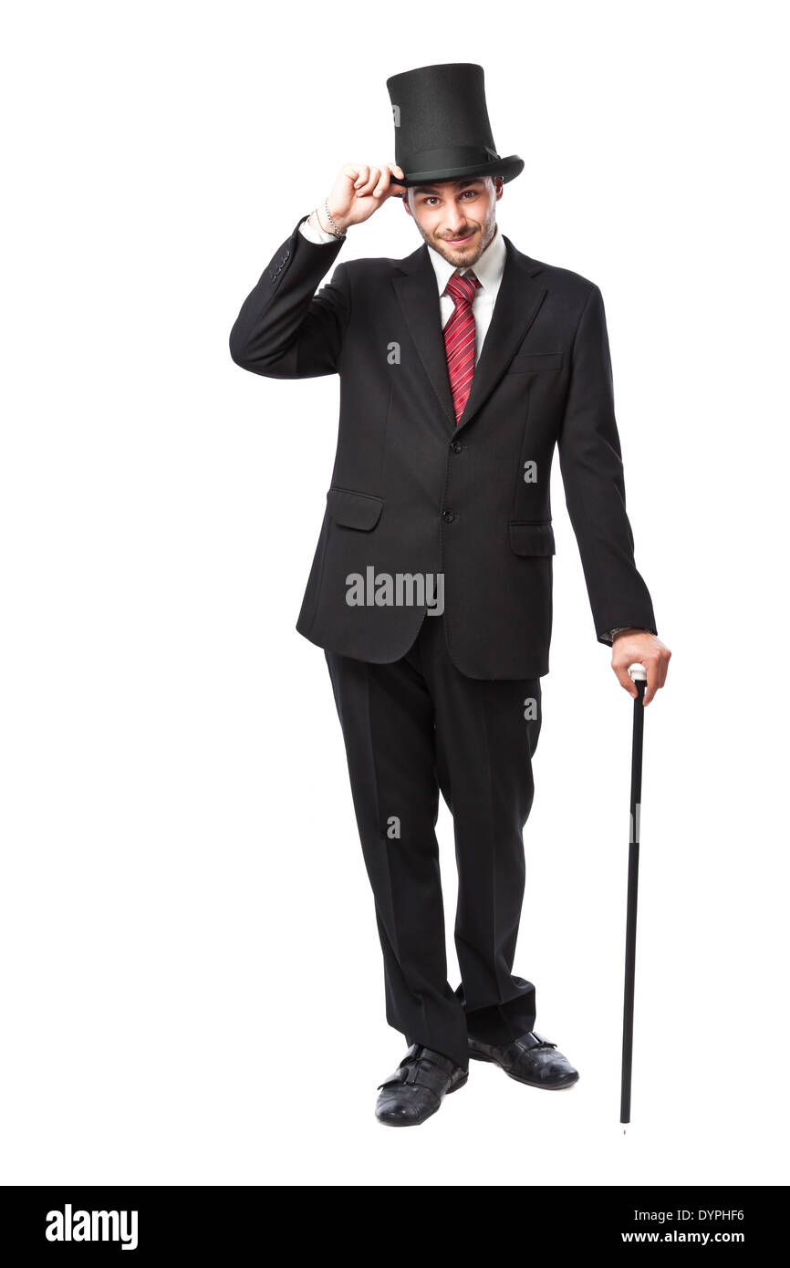 Businessman with Top Hat and walking stick in a suit Stock Photo - Alamy