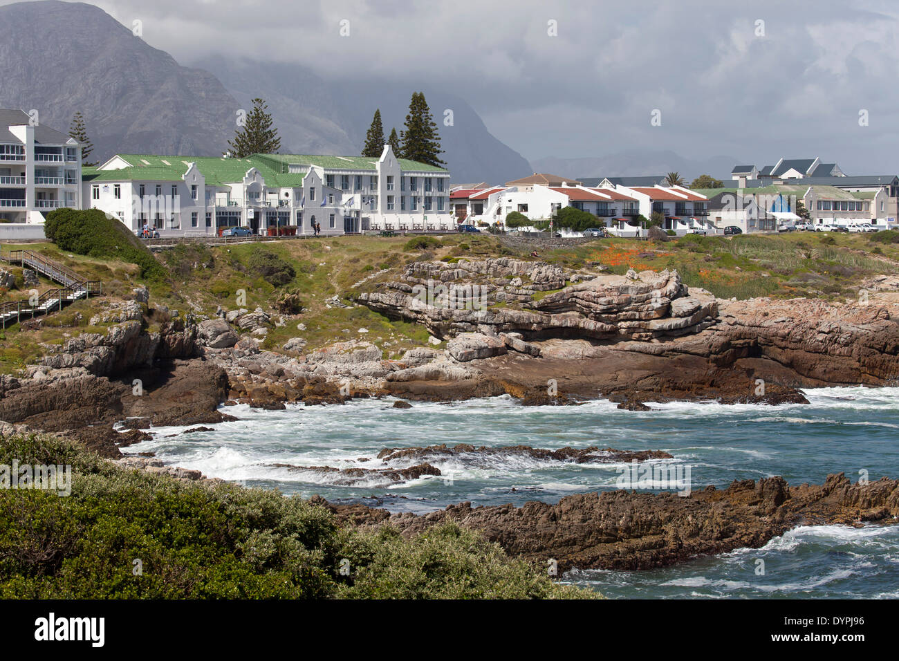 the rocky coast and Hotels at Hermanus, Western Cape, South Africa Stock Photo