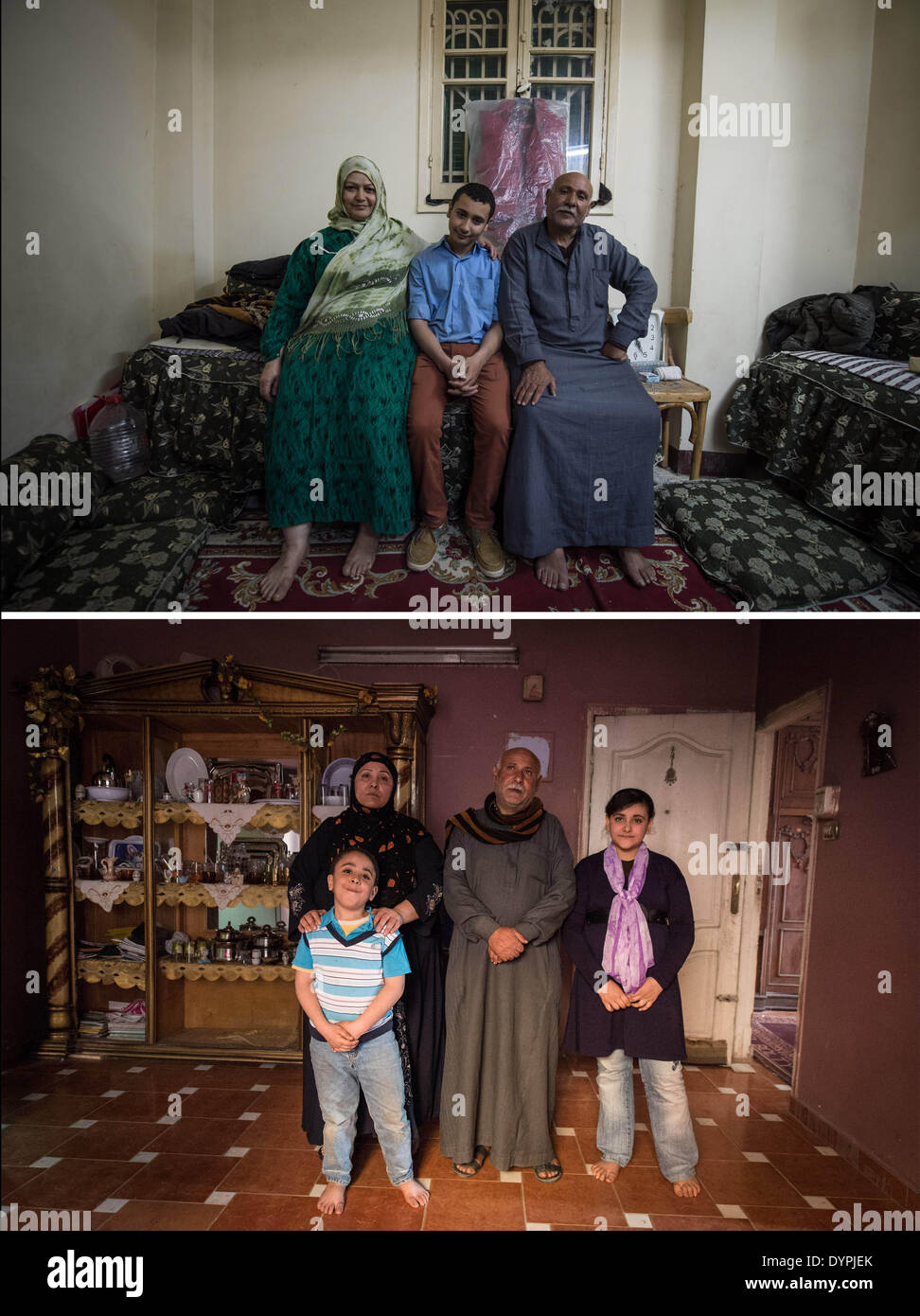 (140424) -- CAIRO, April 24, 2014 (Xinhua) -- Combined photo taken on March 31, 2014 (top) and April 8, 2014 (bottom) shows Abdel Majid Yamama and his two wives and children at his two homes in Giza, Cairo, Egypt. The Yamama family from Giza has lived on the Nile River for nearly one century. Presently Abdel Majid and his brother Abed Rabbo run the sailboat business for tourists at a dock in Maadi district of Cairo. The Yamama brothers and the boatmen they hire have seen a dramatic drop on business as a result of the depression in tourism since 2011, when the Revolution began throughout the co Stock Photo