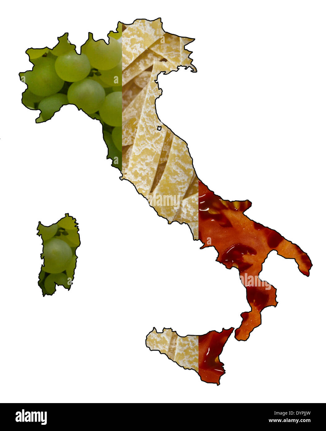 Map of Italy showing Italian Flag in Food (Grapes, Pasta, Tomatoes) Stock Photo
