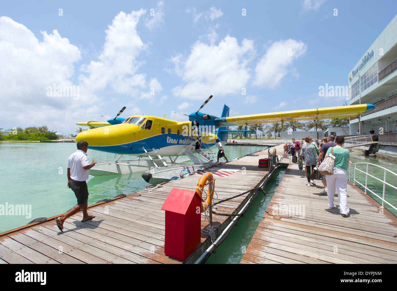 A Trans Maldivian Airways seaplane in Malé, Maldives Stock Photo