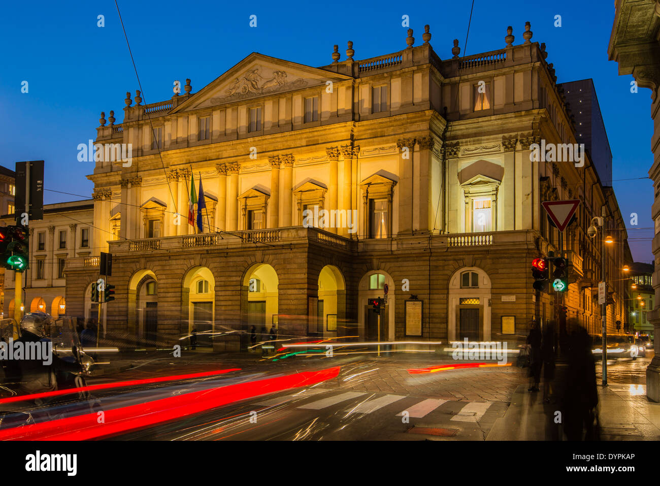La Scala opera theatre by night, Milan, Lombardy, Italy Stock Photo