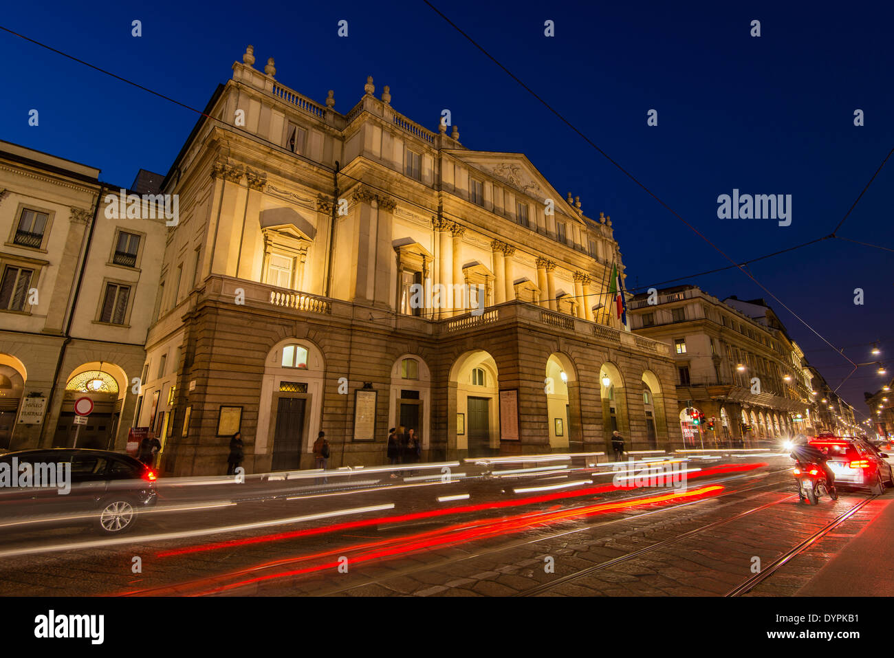 La Scala opera theatre by night, Milan, Lombardy, Italy Stock Photo