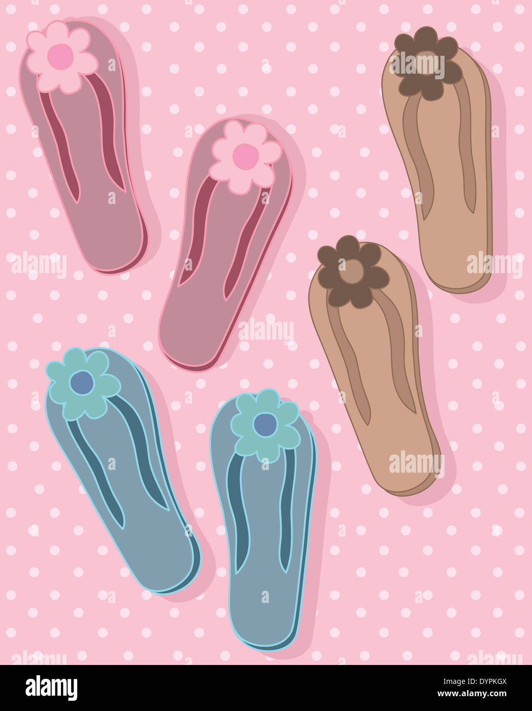 an illustration of three pairs of flip flops in vintage colors with ...