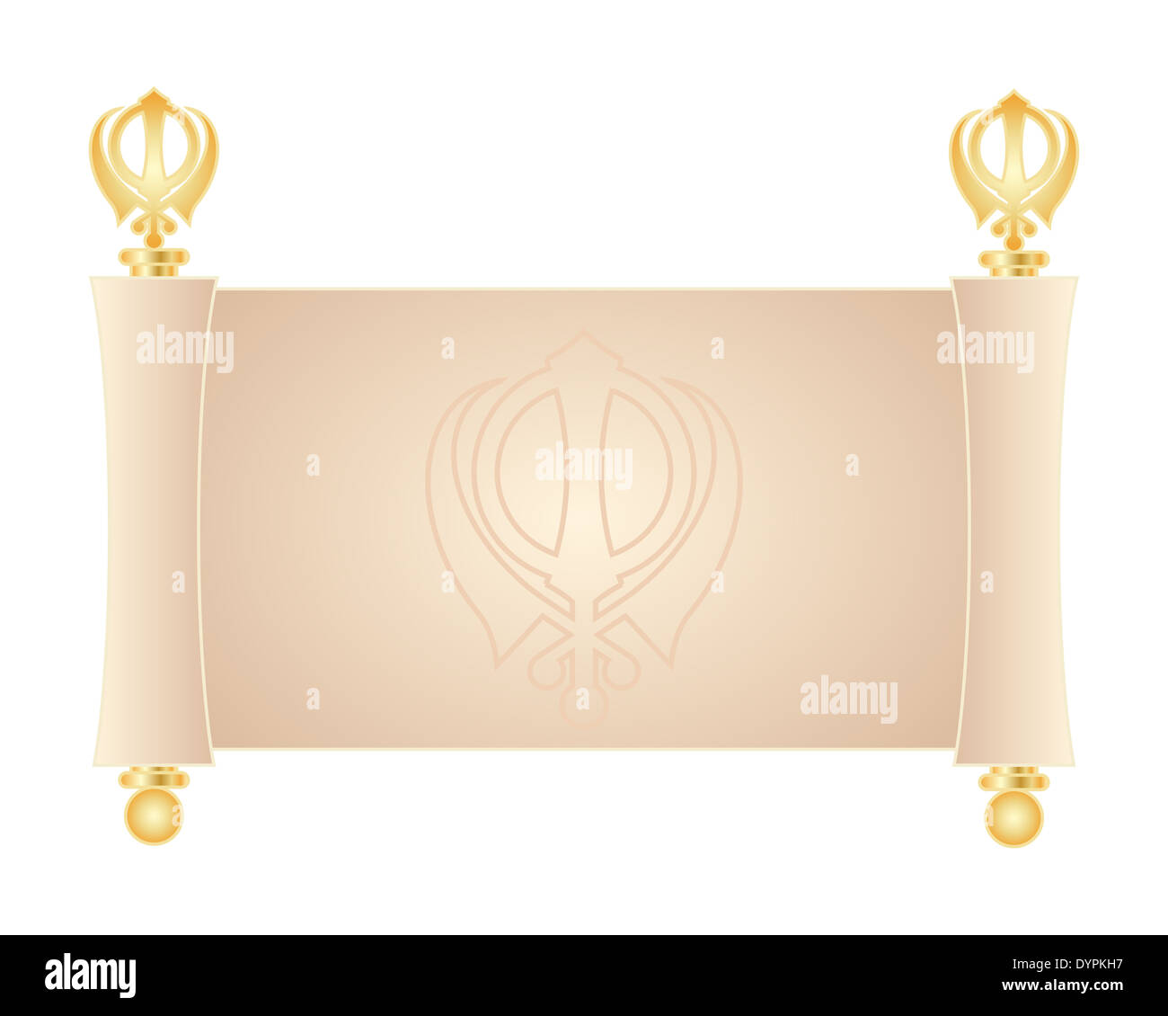 an illustration of a decorative blank parchment scroll with golden trimmings and Sikh emblem isolated on a white background Stock Photo