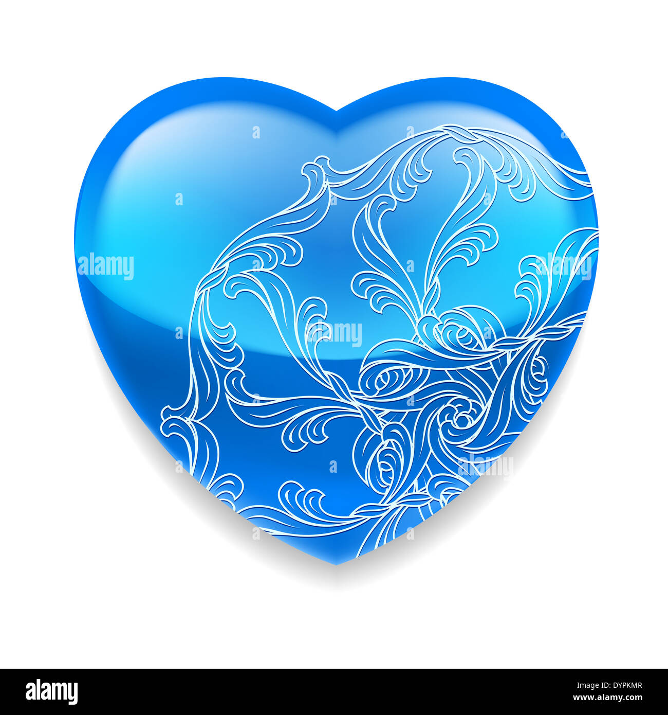 Glossy blue heart with ornate decorative element on white background ...