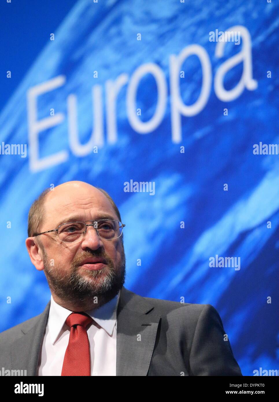Madgeburg, Germany. 23rd Apr, 2014. Martin Schulz (SPD), President of the European Parliament and top candidate for the EU Social Democratic Pary, speaks during an election campaign event at the Kulturwerk Fichte in Madgeburg, Germany, 23 April 2014. The EU elections for the European Parliament take place on 25 May 2014. Photo: JENS WOLF/dpa/Alamy Live News Stock Photo