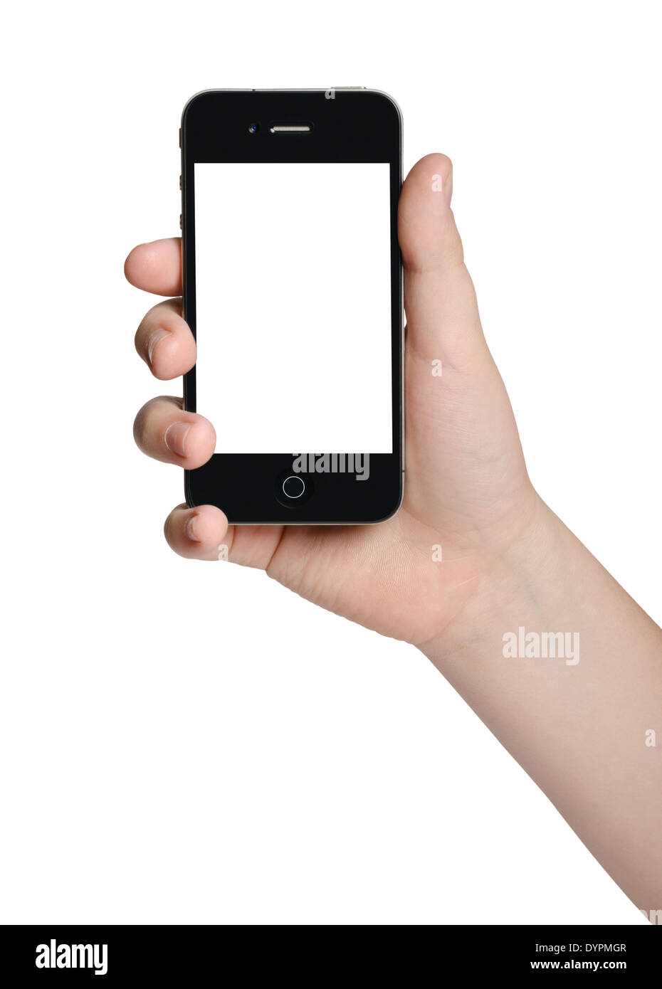 isolated male hand holding a black phone similar to iphone tablet touch computer gadget with isolated display Stock Photo
