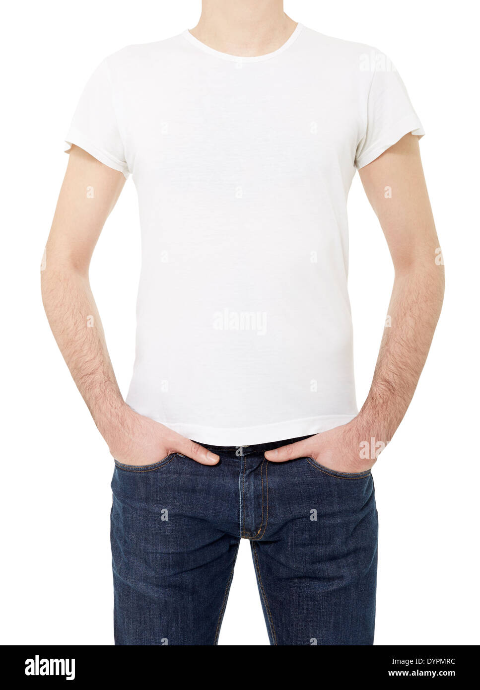 Man wearing white t-shirt with hands in pockets Stock Photo