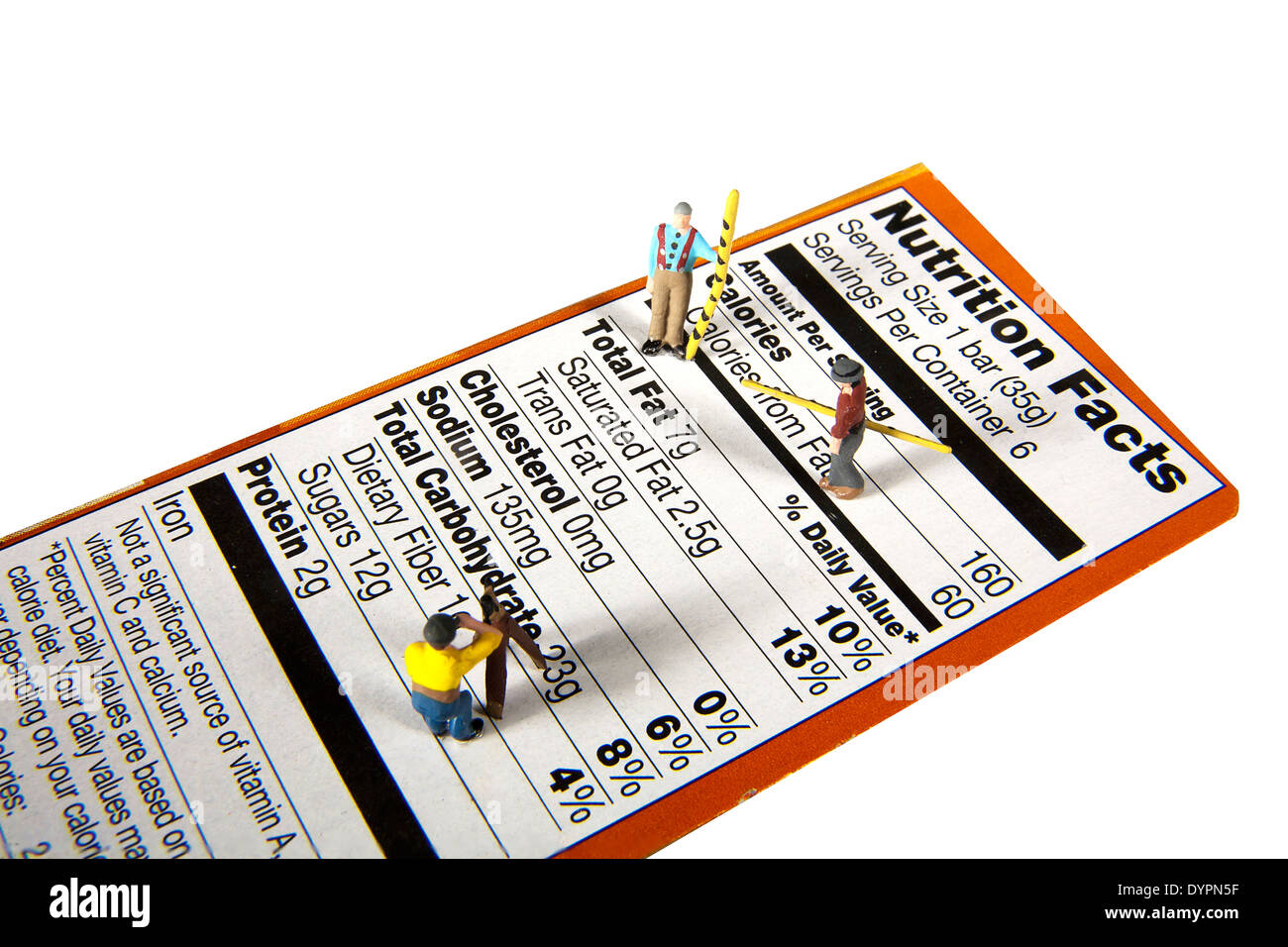 Figurines of a survey team on a nutrition label. Stock Photo