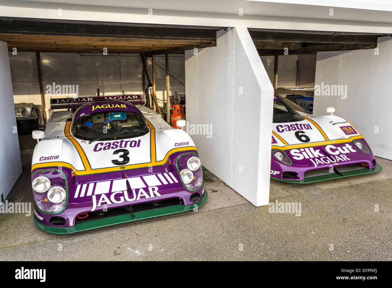 Le Mans winning 1988 Jaguar XJR9LM cars in the paddock at the 72nd Goodwood Members meeting, Sussex, England, UK. Stock Photo