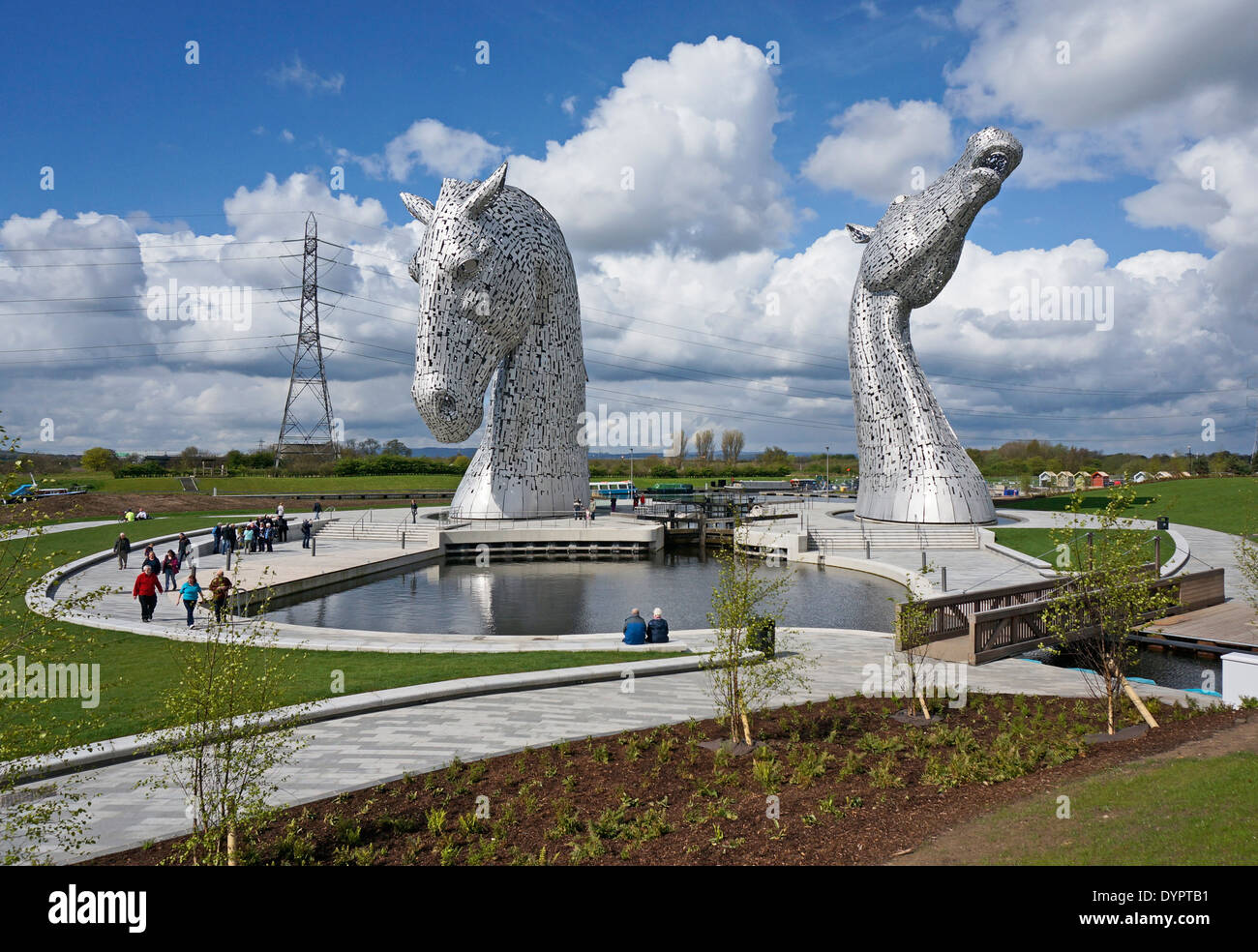 The Kelpies at The Helix beside the entrance to the Forth & Clyde canal from River Carron Falkirk Scotland Stock Photo