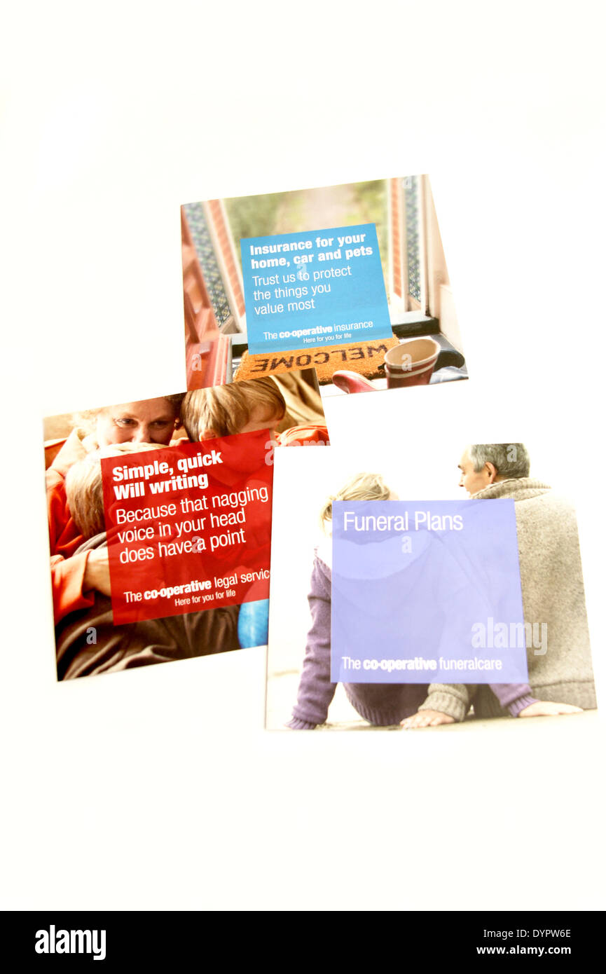 Co-operative information leaflets on services provided - will writing, funeral plans, home car & pet insurance Stock Photo