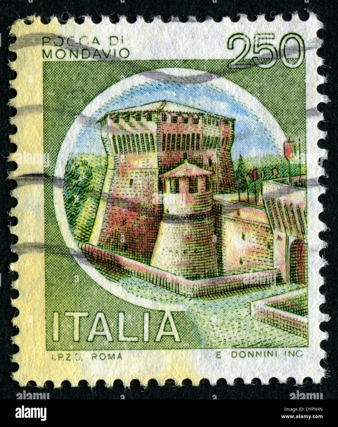 ITALY - CIRCA 1980: A stamp printed in Italy from the 'Castles' issue shows Rocca di Mondavio, Pesaro, circa 1980. Stock Photo