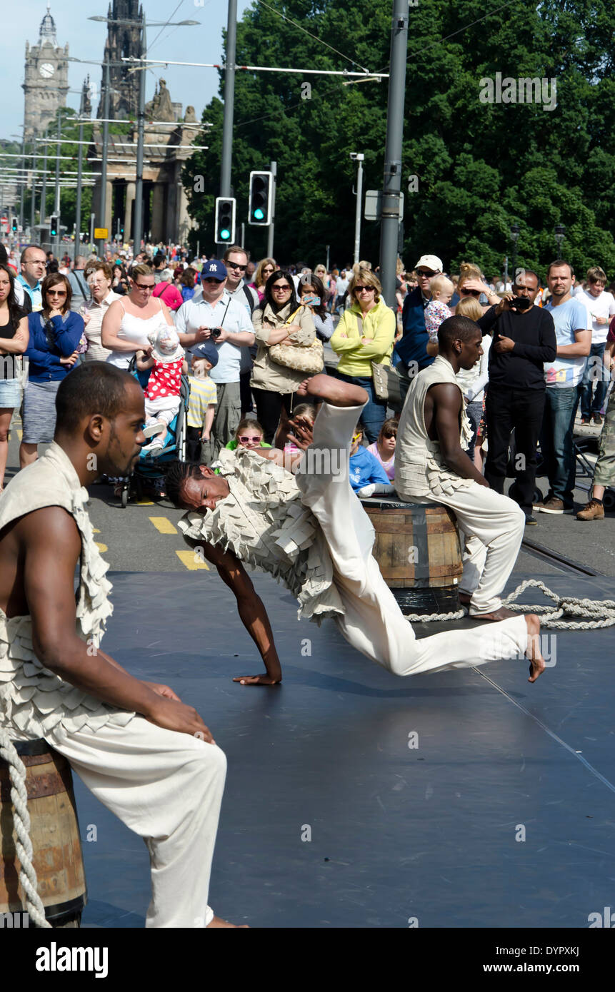 African acrobatic dancers performing at the Carnival, part of the Edinburgh Jazz and Blues Festival in July 2013. Stock Photo