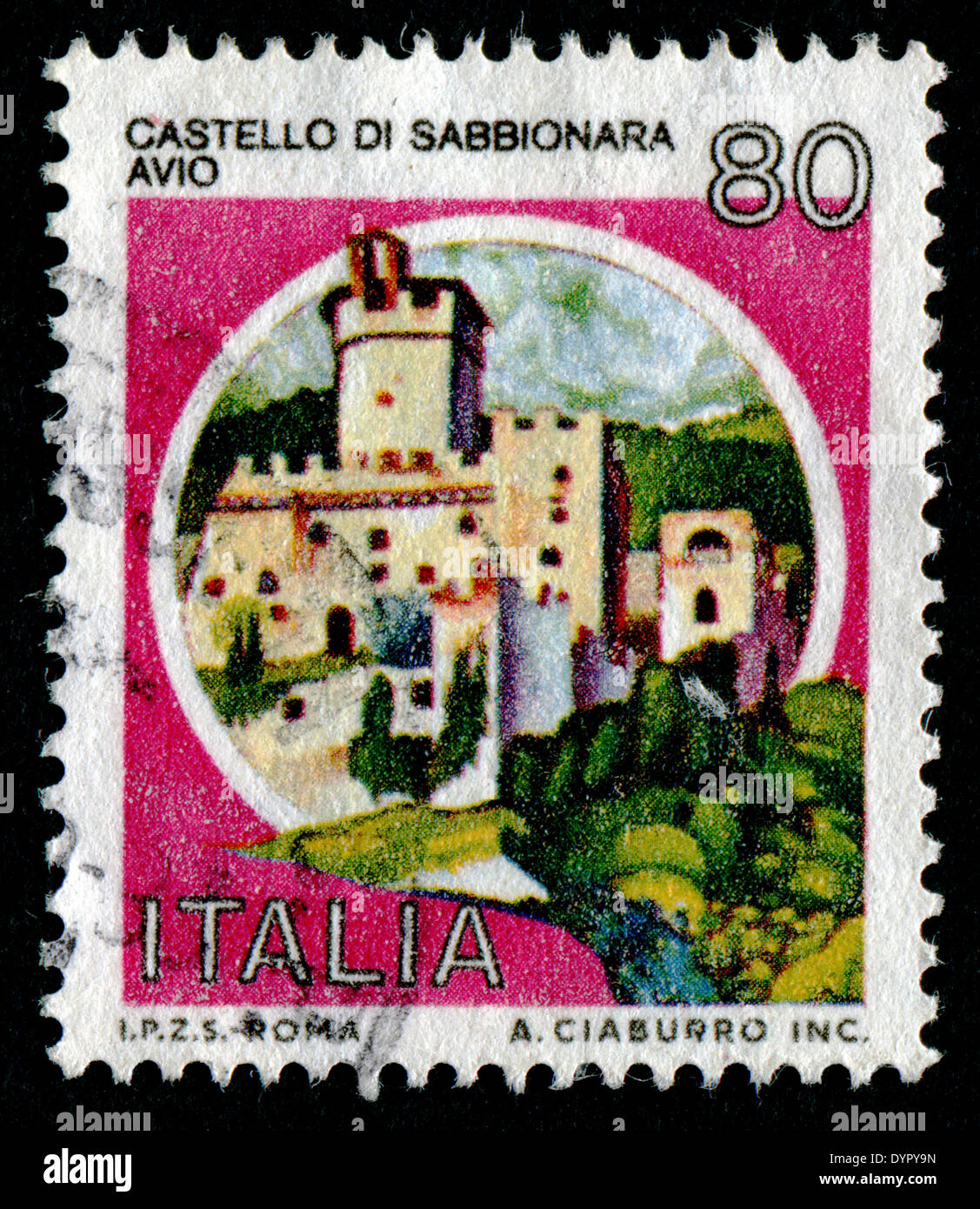 ITALY - CIRCA 1980: A stamp printed in Italy from the 'Castles' issue shows Sabbionara Castle aviation, circa 1980. Stock Photo