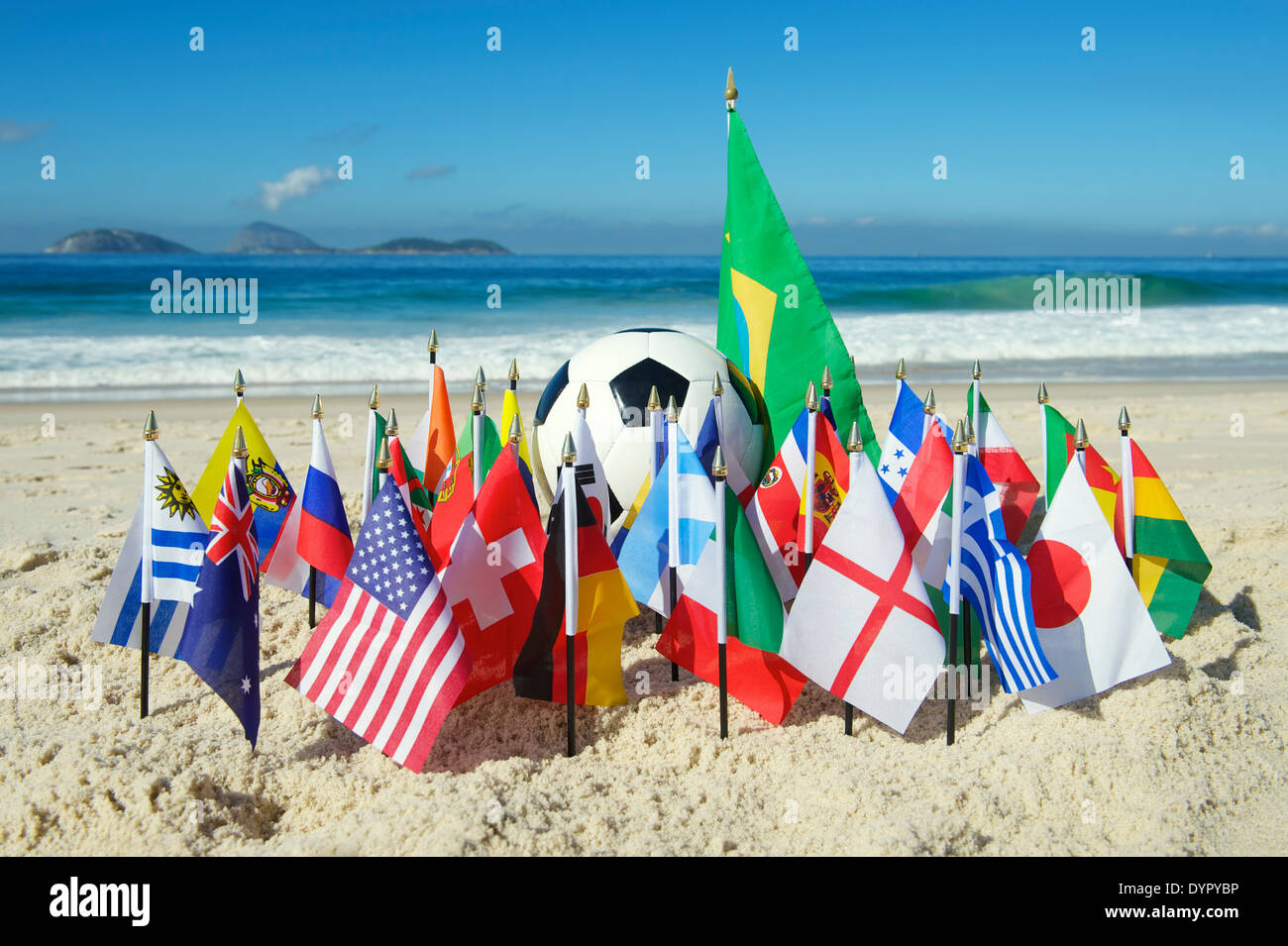 International football country team flags with soccer ball on Ipanema beach in Rio de Janeiro Brazil Stock Photo