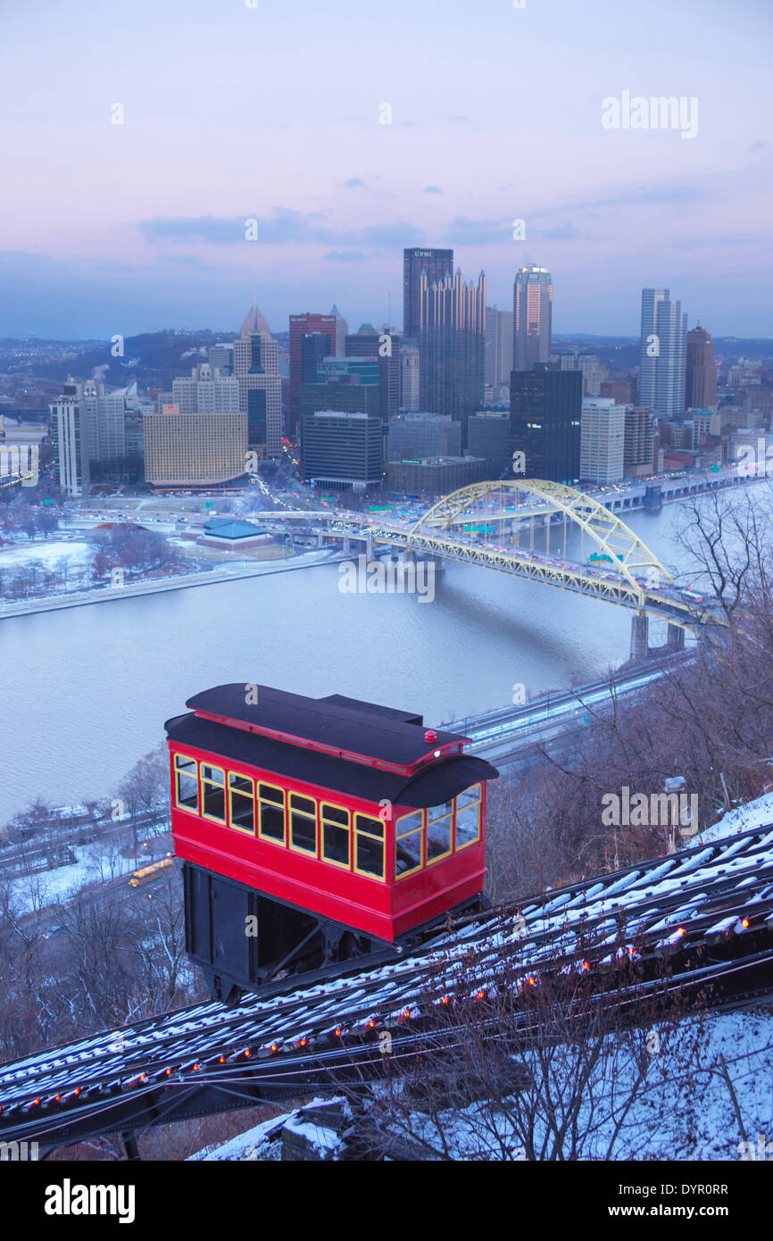 DUQUESNE INCLINE RED CABLE CAR MOUNT WASHINGTON PITTSBURGH SKYLINE