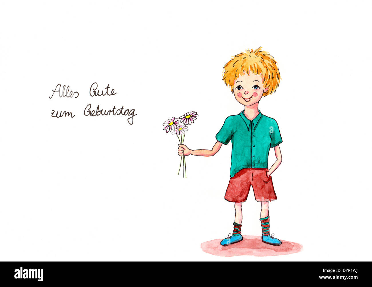 Painting of boy giving flowers with handwritten German text 'Alles Gute zum Geburtstag' translates into English 'Happy Birthday' Stock Photo