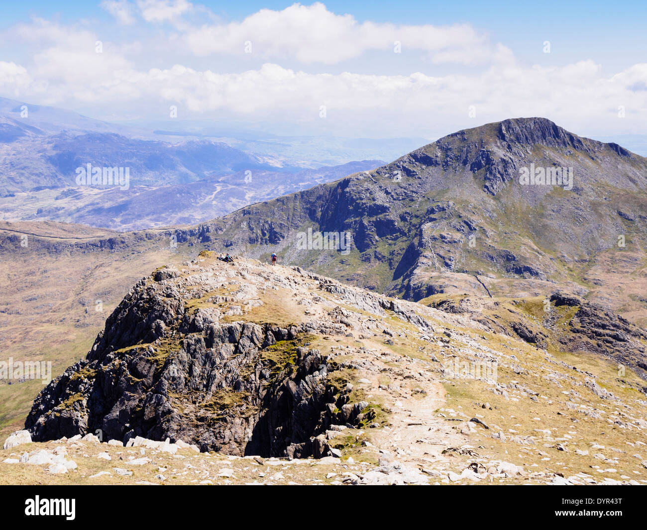 View to Yr Aran mountain from Mt Snowdon Allt Maenderyn or south ridge path in mountains of Snowdonia National Park, Gwynedd North Wales UK Britain Stock Photo