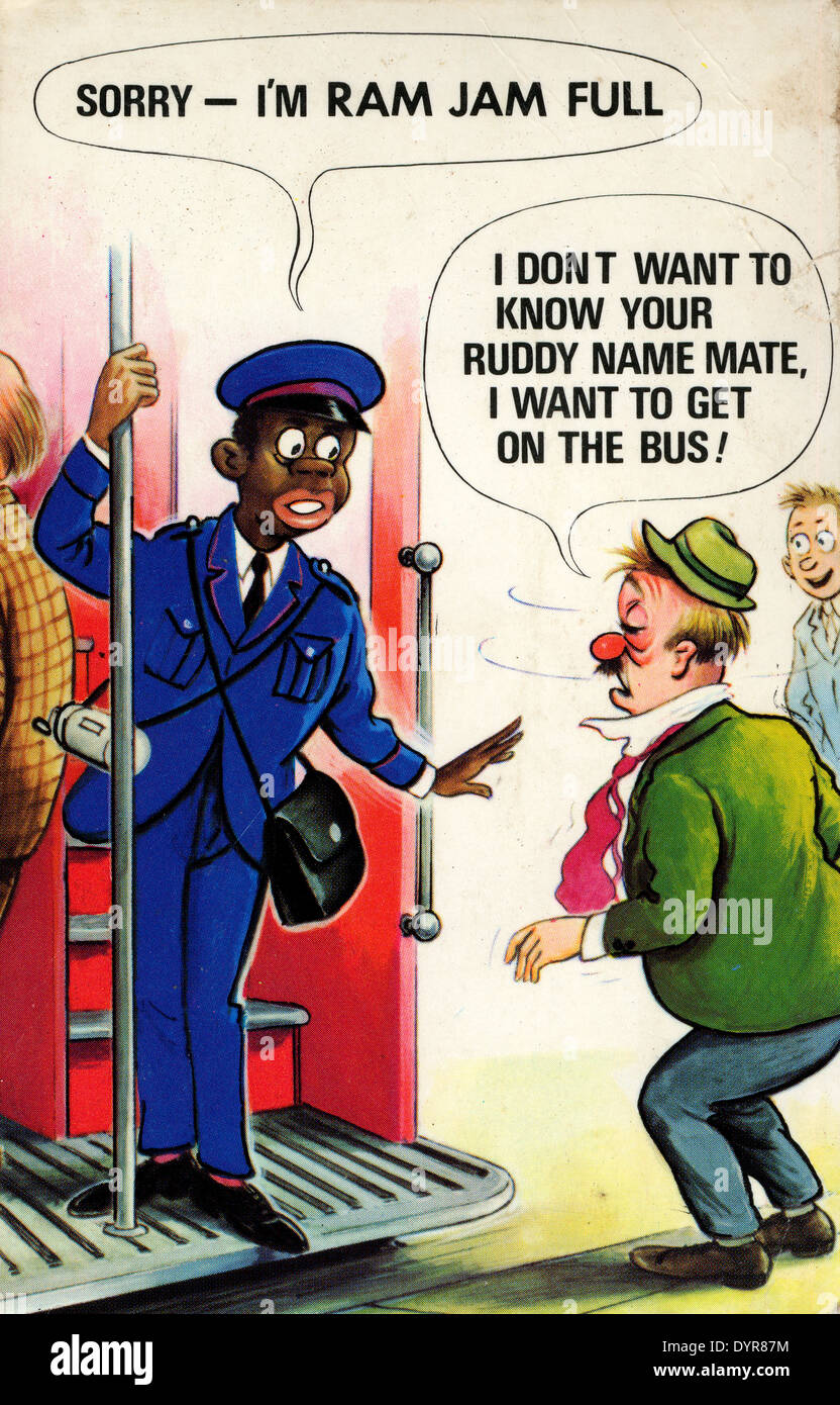 Vintage postcard black man London bus conductor and rude comment by passenger in fifties sixties 50s 60s England UK 1950s 1960s  KATHY DEWITT Stock Photo