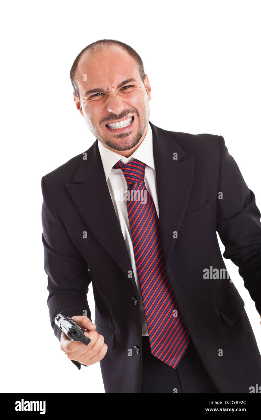 a businessman with a gun expressing anger Stock Photo