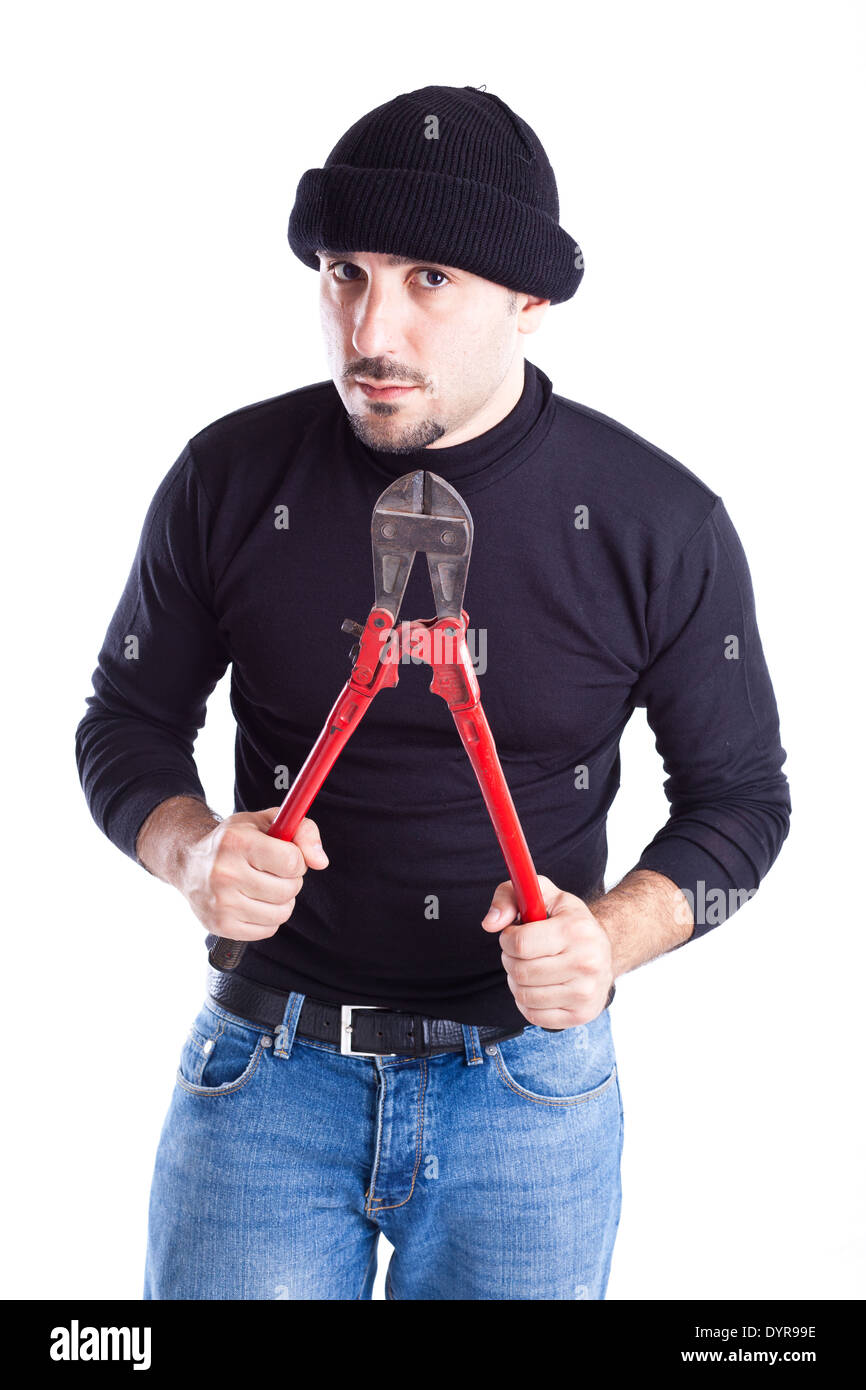 a burglar or a thief holding big wire cutters Stock Photo Alamy