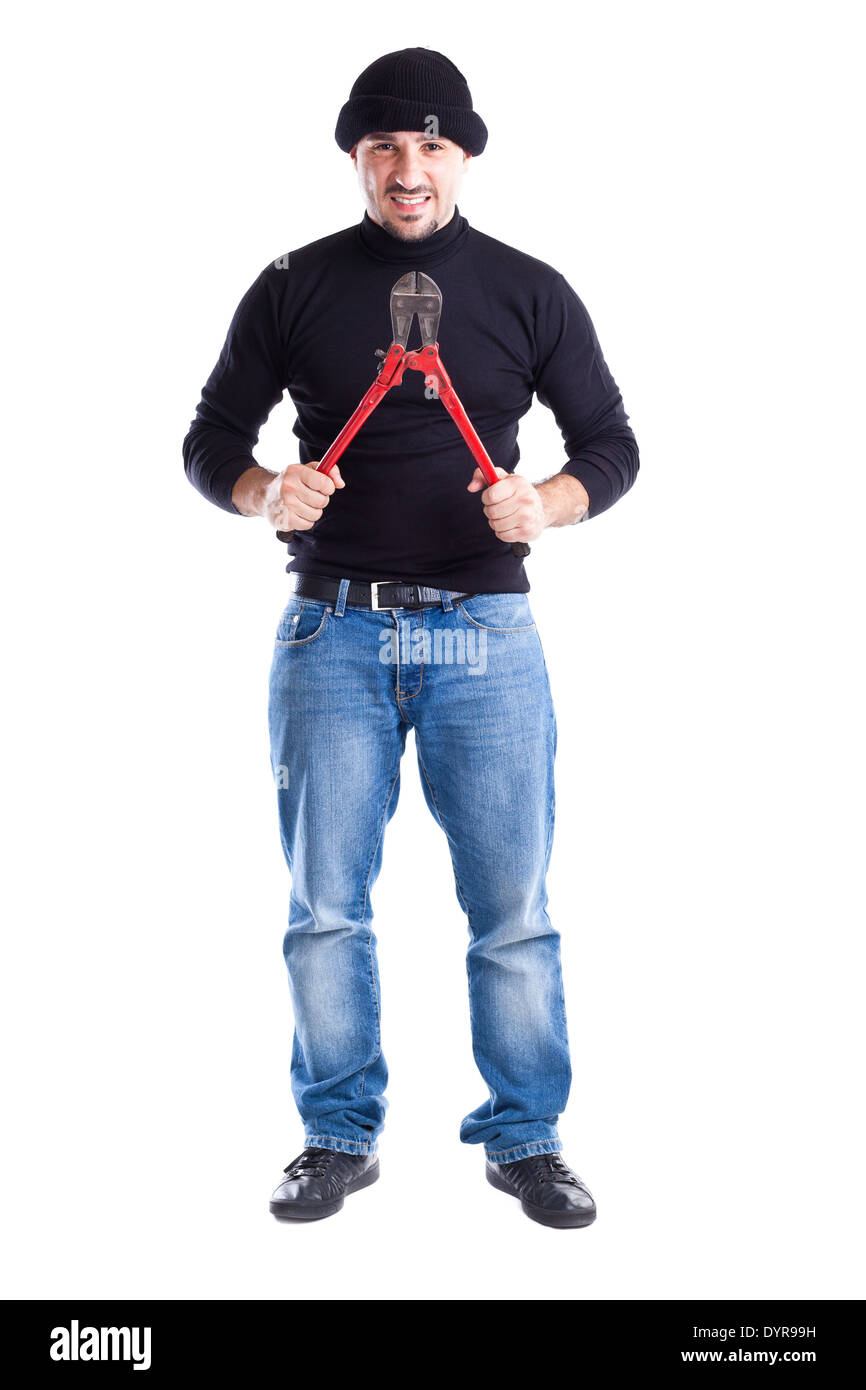 a burglar or a thief holding big wire cutters Stock Photo
