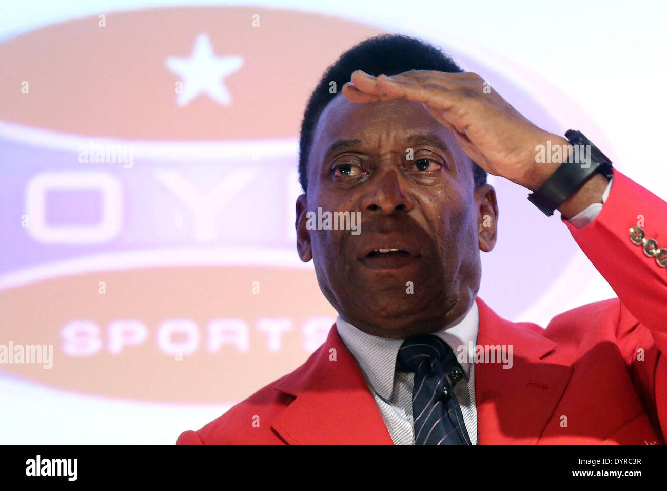 Sao Paulo, Brazil. 24th Apr, 2014. Former soccer player Edson Arantes do Nascimento, better known as Pele, participates in the First Meeting of Sport Management at the Convention Center of Torre Santander, in Sao Paulo, Brazil, on April 24, 2014. © Rahel Patrasso/Xinhua/Alamy Live News Stock Photo