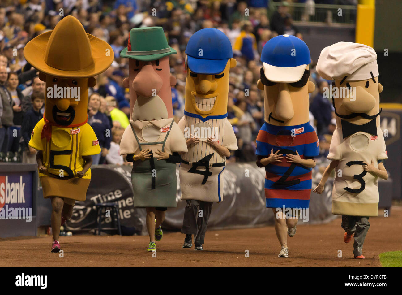 Milwaukee, Wisconsin, USA. 23rd Apr, 2014. April 23, 2014: The sausage race during the Major League Baseball game between the Milwaukee Brewers and the San Diego Padres at Miller Park in Milwaukee, WI. Brewers defeated Padres 5-2. John Fisher/CSM/Alamy Live News Stock Photo