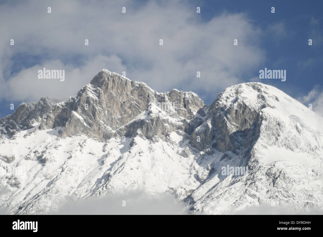 Hohe Munde with Telfs in Tyrol, Austria with snow Stock Photo