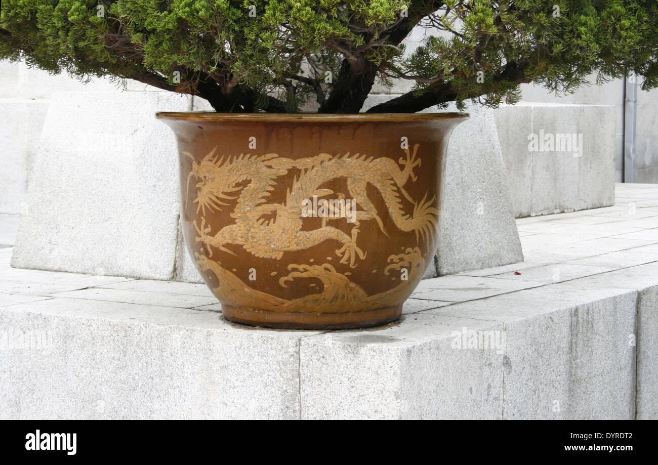 Flower pot with Chinese dragons Stock Photo
