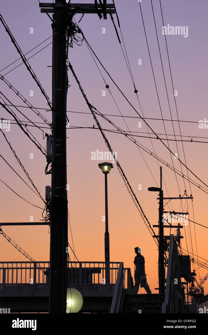 electrical wires or power lines hanging over backstreet, Kyoto, Japan