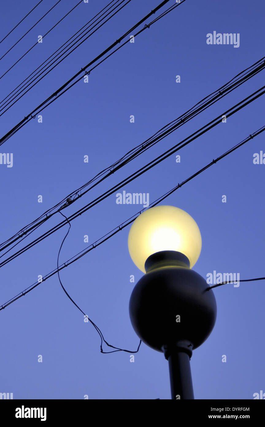 electrical wires or power lines hanging over backstreet, Kyoto, Japan