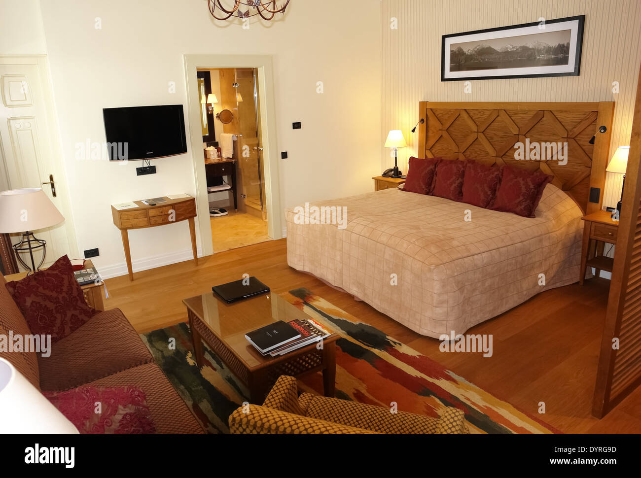 Bedrooms interior Slovakian luxury class hotel in Smokovec. Stock Photo