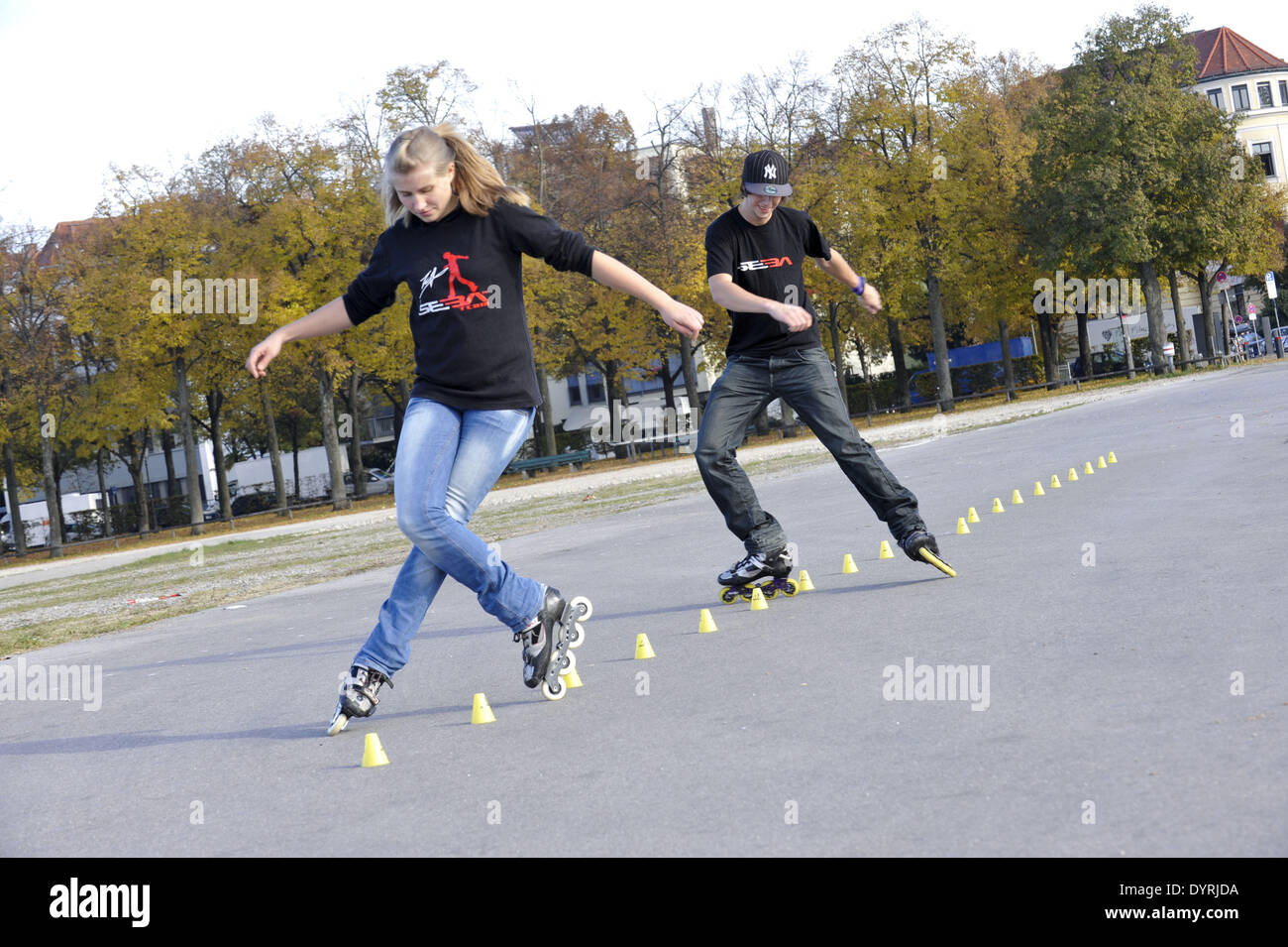 The slalom skaters Martin Sloboda and Anya Zierlmann in Munich, 2011 Stock Photo