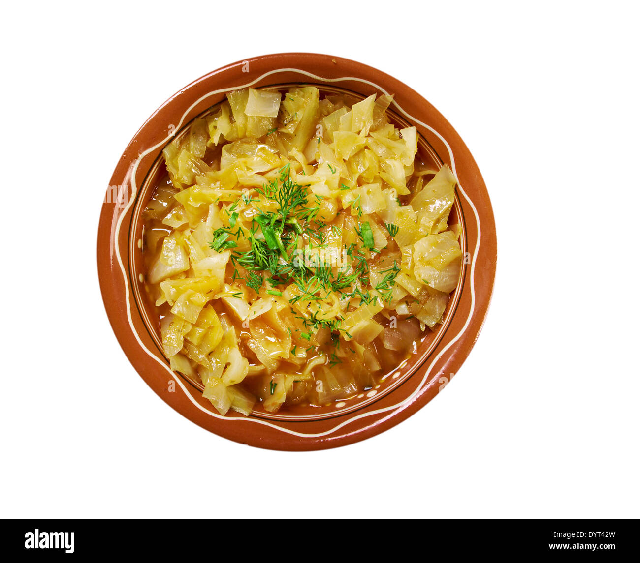 dish with cabbage stew .farmhouse ,hearty cuisine.isolated on a white background Stock Photo